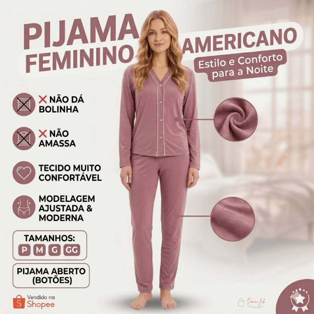 Pijama Americano Inverno Feminino Longo Suede Premium com Botões Aberto Não da Bolinha Não Amassa