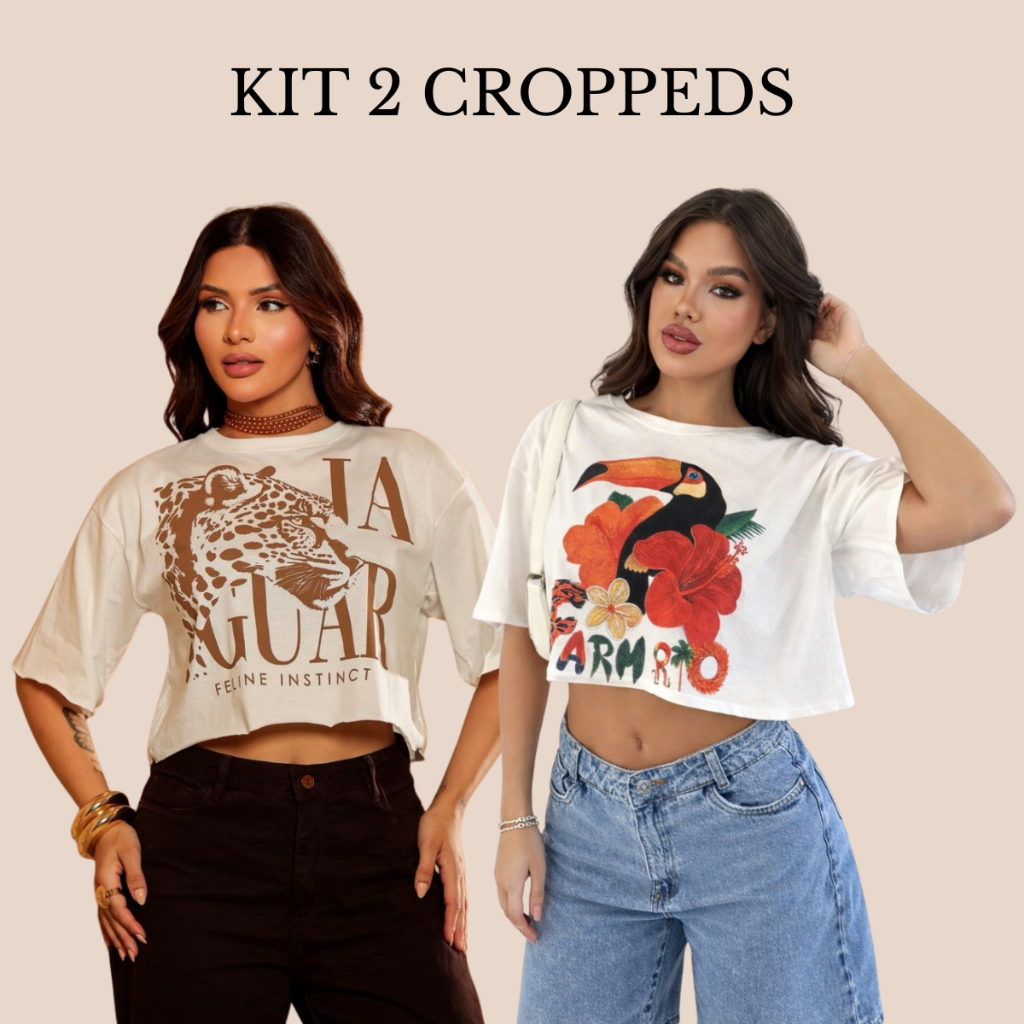KIT 2 Blusas Femininas Croppeds Estampado - Jaguar Feline e Tucano Flor Laranja 100% Algodão
