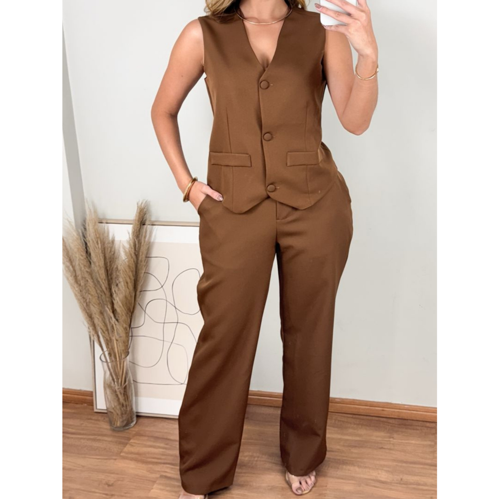 Conjunto de Alfaiataria Feminino Verão Colete e Calça Premium Elegante Botões Encapados Bolso Faca
