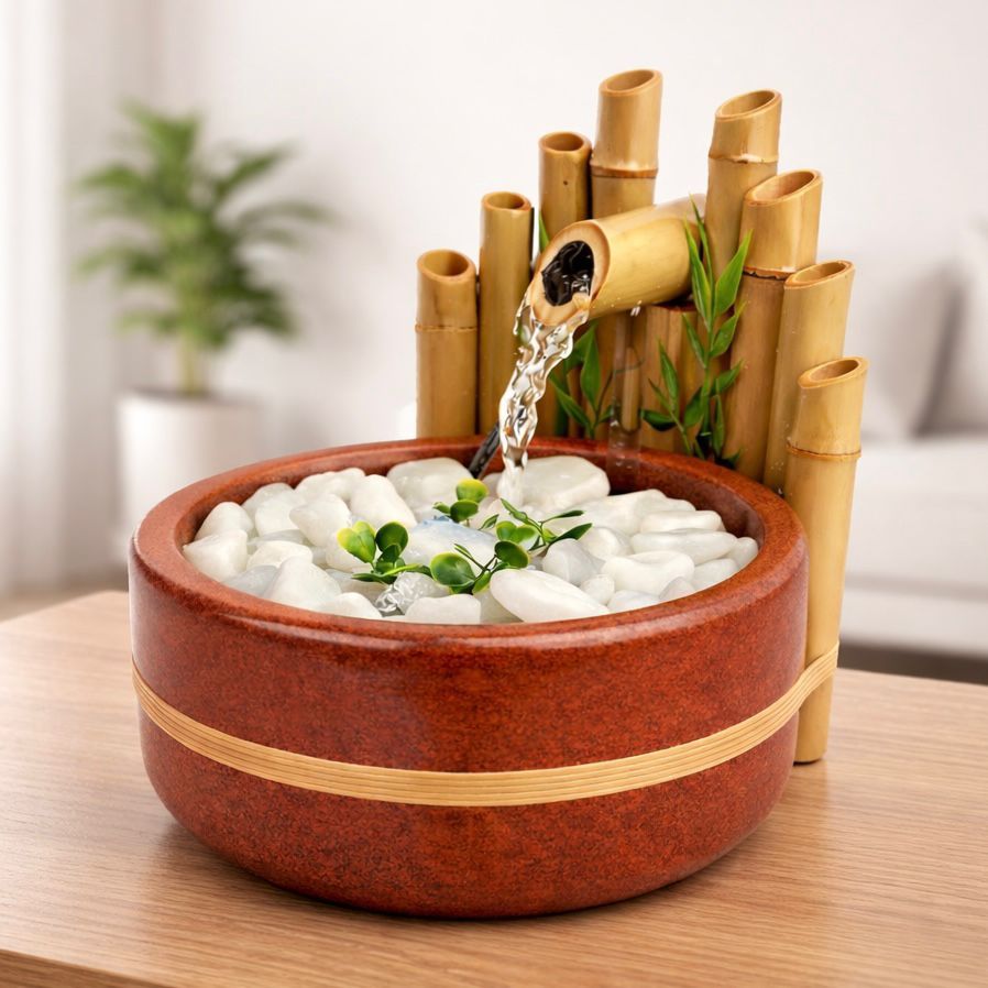 Imagem Fonte de Água Zen com Bambu Decorativa Cascata Relaxante Feng Shui Energia Positiva Sala Escritório
