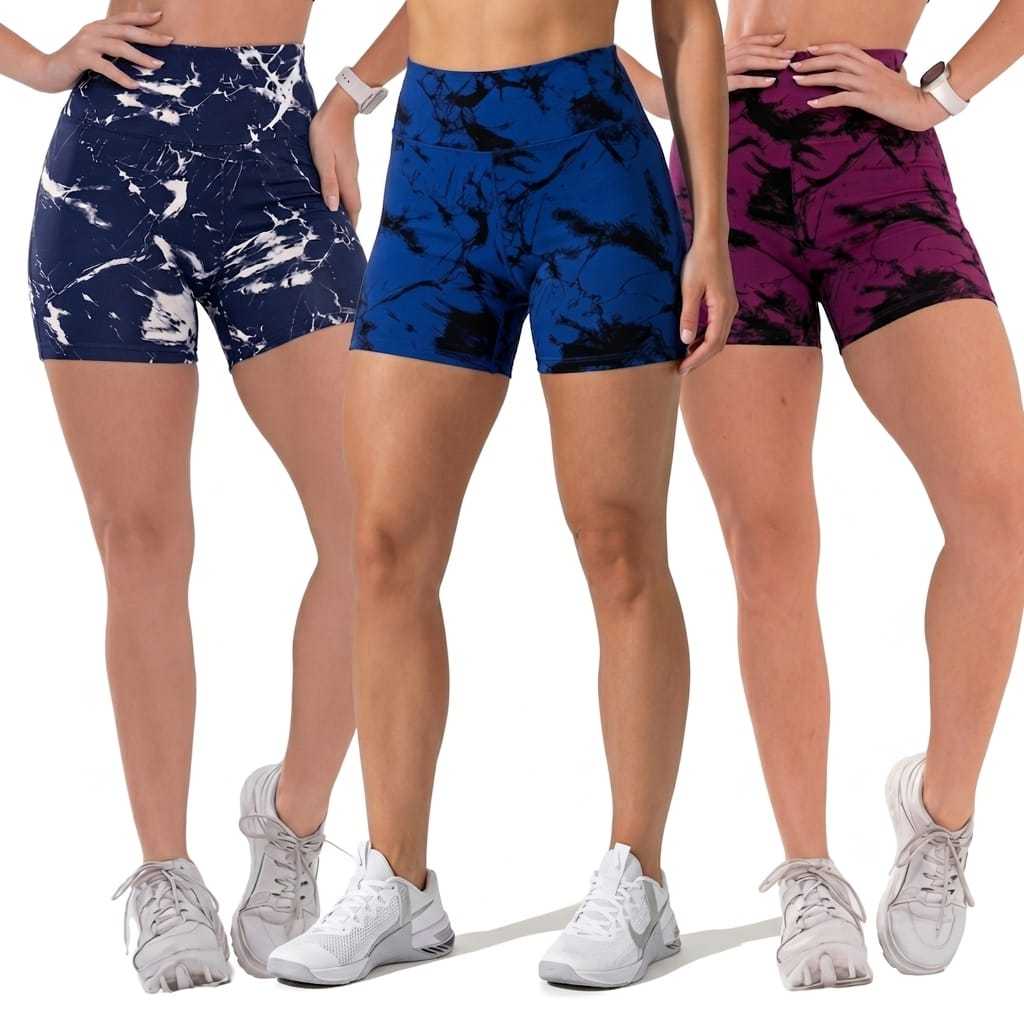 Kit 3 Shorts Fitness Academia suplex, Zero Transparencia Marmorizado Cintura Feminino Tie Dye