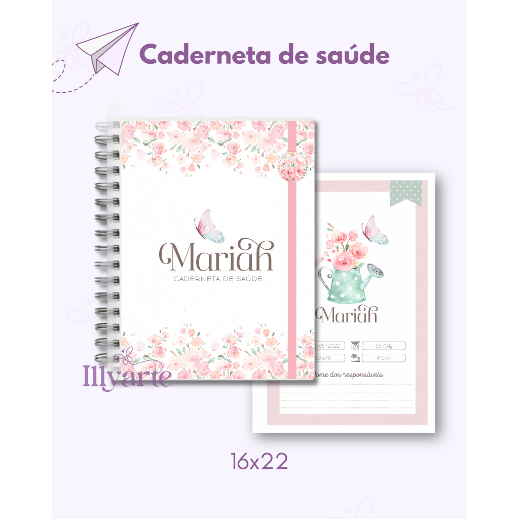 Caderneta de Saúde Personalizada Borboleta Floral Rosa | Nome da Criança, Vacinas, Consultas, Capa Dura, Maternidade