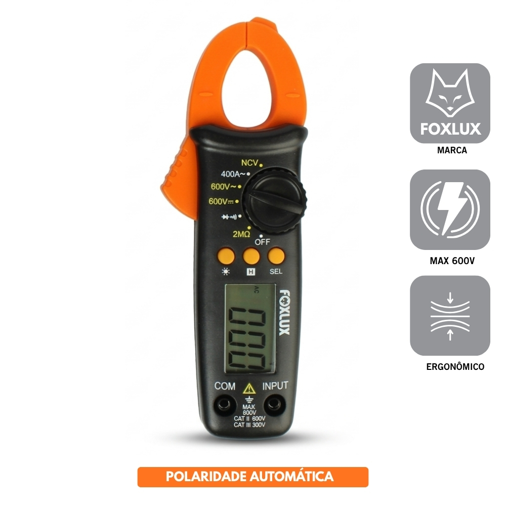 Alicate Amperímetro Foxlux Profissional 1000A Multímetro 16mm² com Bipe e Teste de Tensão