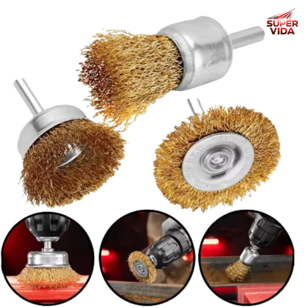 Jogo de Escova com 3 Peças 1 plana 50mm 2 copos 25 e 50mm para Furadeira Remover Ferrugem em Oferta na Shopee