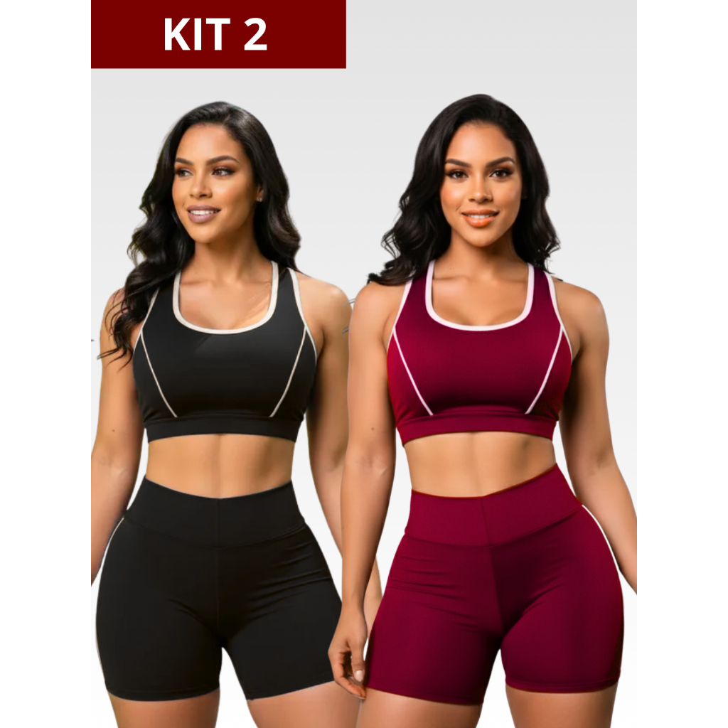 Kit 2 Conjuntos Top e Short de Academia Feminina Cintura Alta e Modeladora