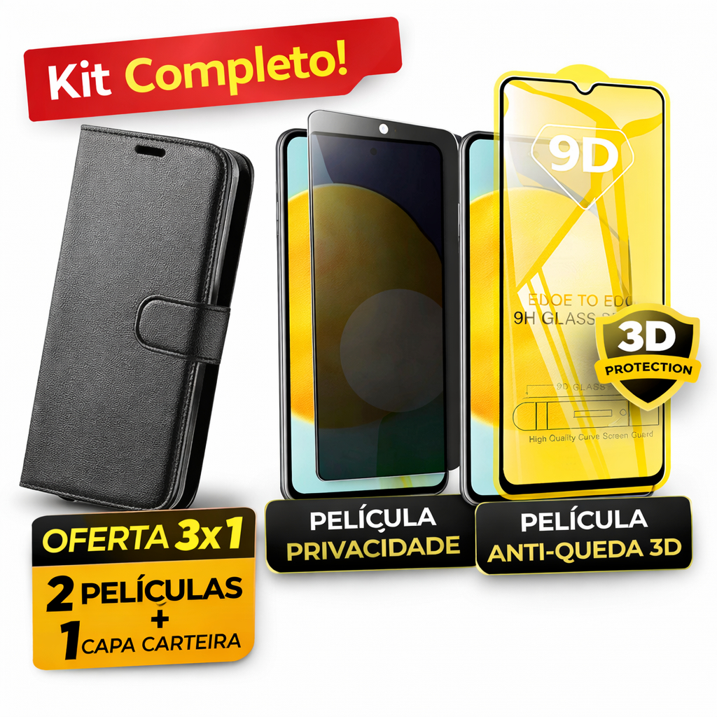 Kit 3x1 Capa Carteira + 2 Películas Samsung Galaxy M54 Privacidade Anti Spy + 3D Anti Queda Vidro Temperado