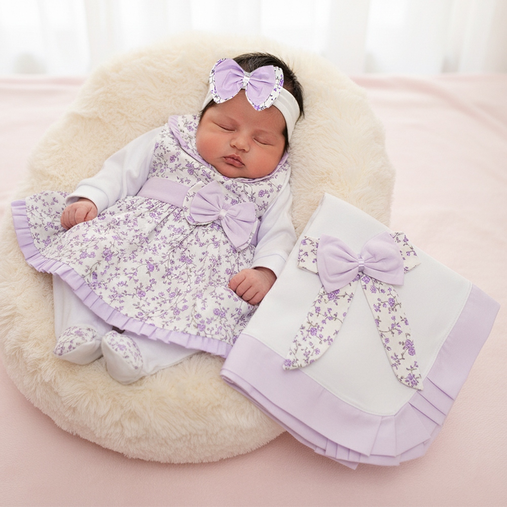 Saída de Maternidade Menina Lindinha Floral Lilás 05 Peças