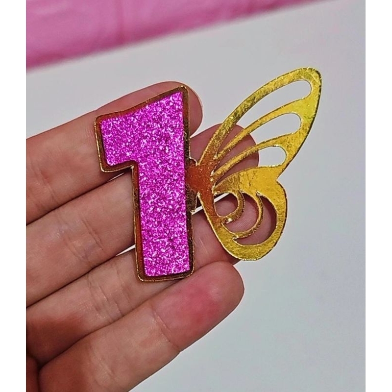 Kit Apliques Números Personalizados com Borboleta Rosa Glitter Dourado Topo de Bolo, Idade, Lembrancinhas