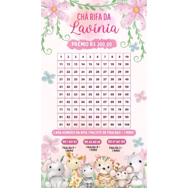 Convite Chá fraldas/Chá Rifa Cartela com números + lista de participantes. Tema Selva Rosa