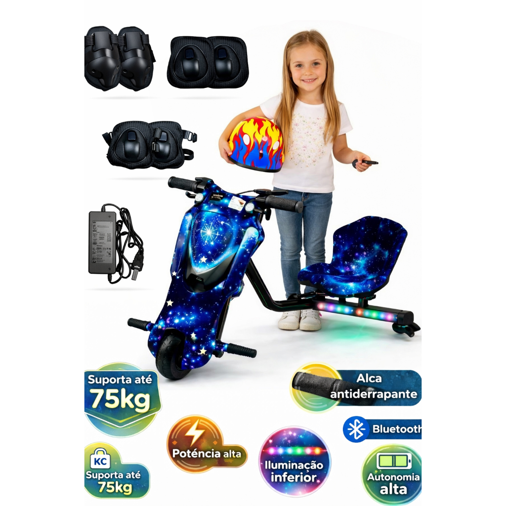 Triciclo Elétrico Infantil Azul 250w Bluetooth/Led/Bateria Recarregável Material Resistente