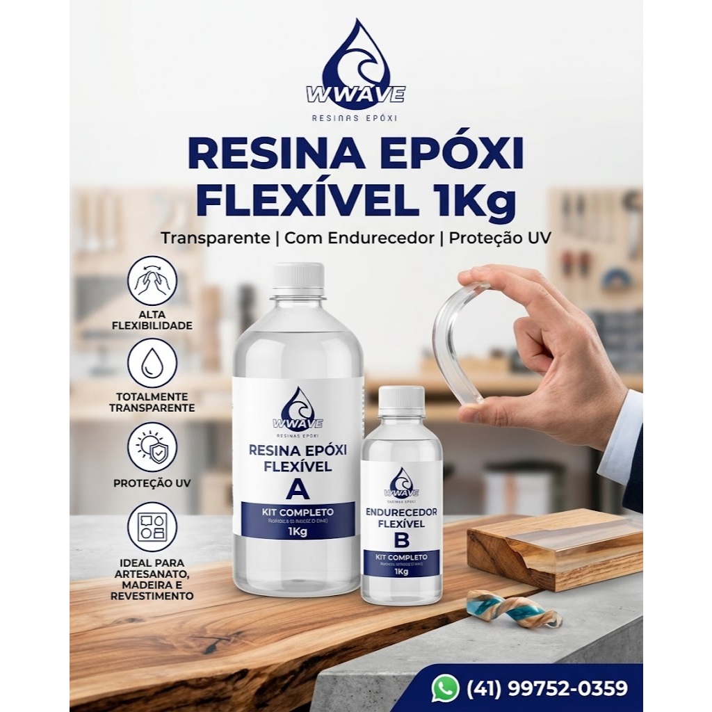 Resina Epóxi Flexível 1Kg Transparente – Com Endurecedor e Proteção UV para Artesanato, Madeira e Revestimento