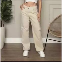 Calça Wide Leg Cargo Areia Jeans Feminino Cintura Alta Modeladora Lançamento Exclusivo Calça Pantalona Com Bolsos Cargo.