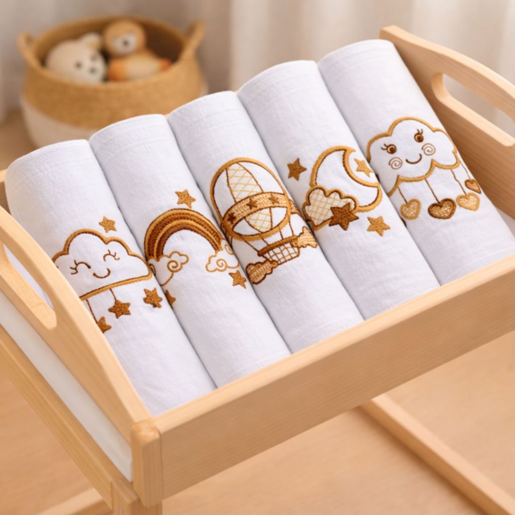Kit 5 Fralda de Pano Bebê 100% Algodão Premium Toalha de Boca Duplo Bordada Menino e Menina