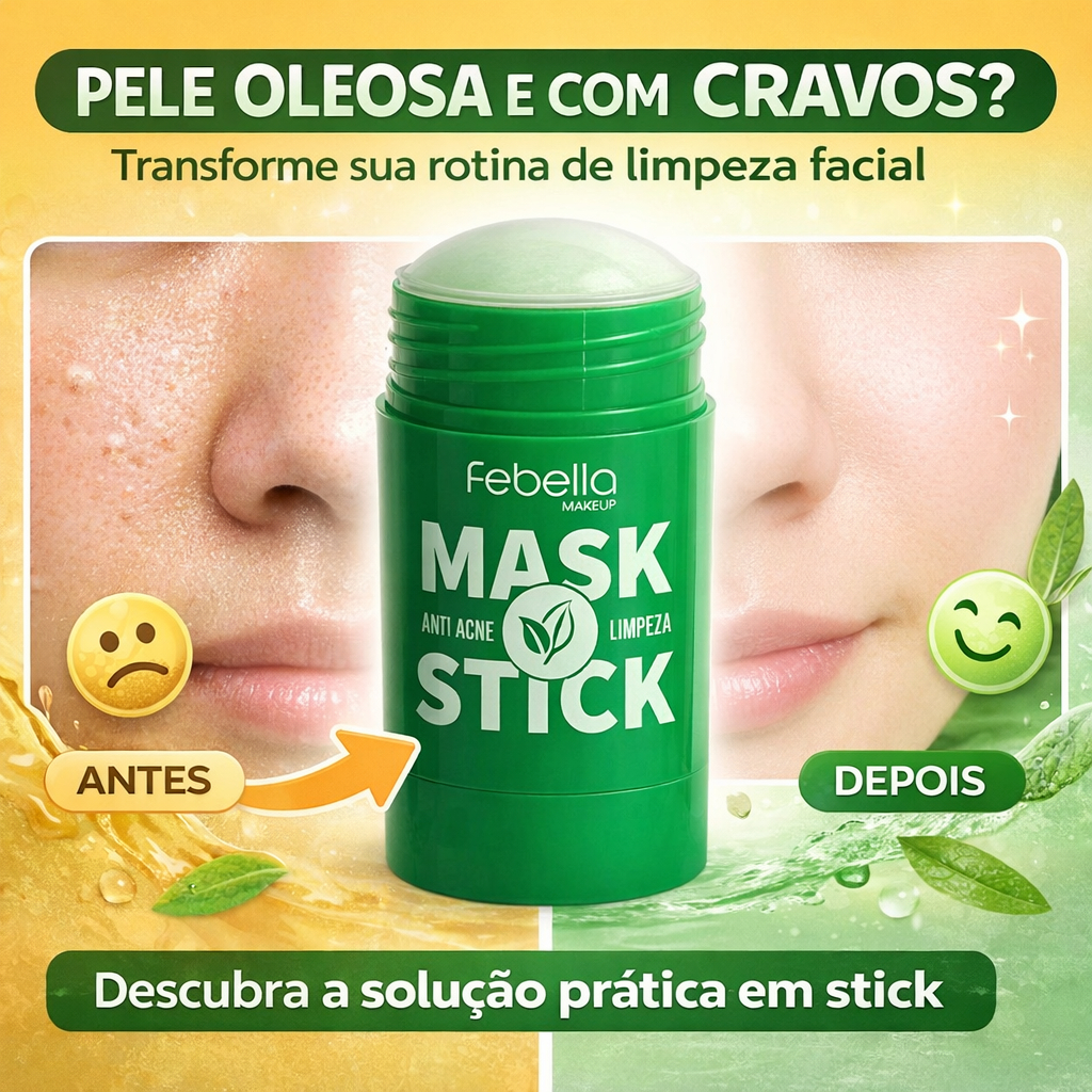 Máscara Stick Antiacne Febella Chá Verde Limpeza Facial Controle de Oleosidade e Cravos
