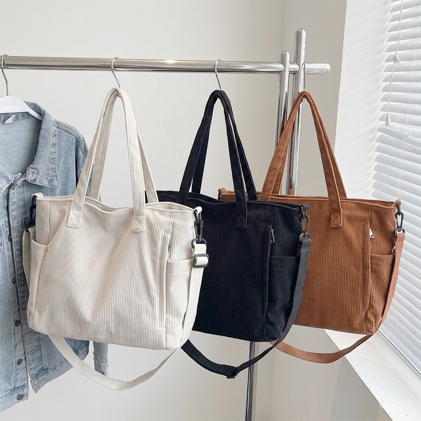 Bolsa Feminina de Veludo Cotelê Grande Tote Bag Ombro e Mão Casual Elegante Espaçosa Versátil Estilo EscolarMaterial: Ve