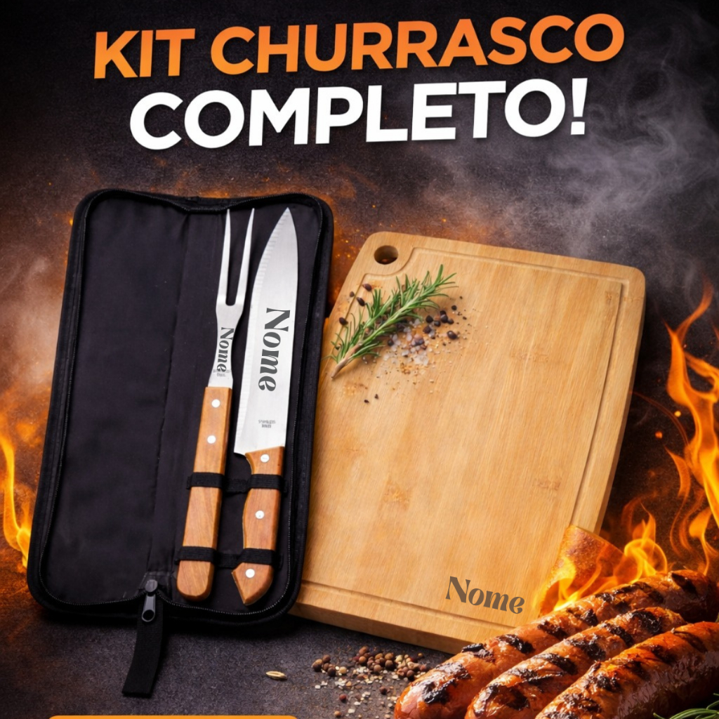 Kit Churrasco Personalizado Estojo Faca Garfo Tábua Nome Logo Frases