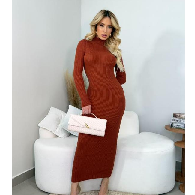 Vestido Feminino Longo Canelado Basico Tricot Modal Premium Manga Longa Gola Alta Inverno