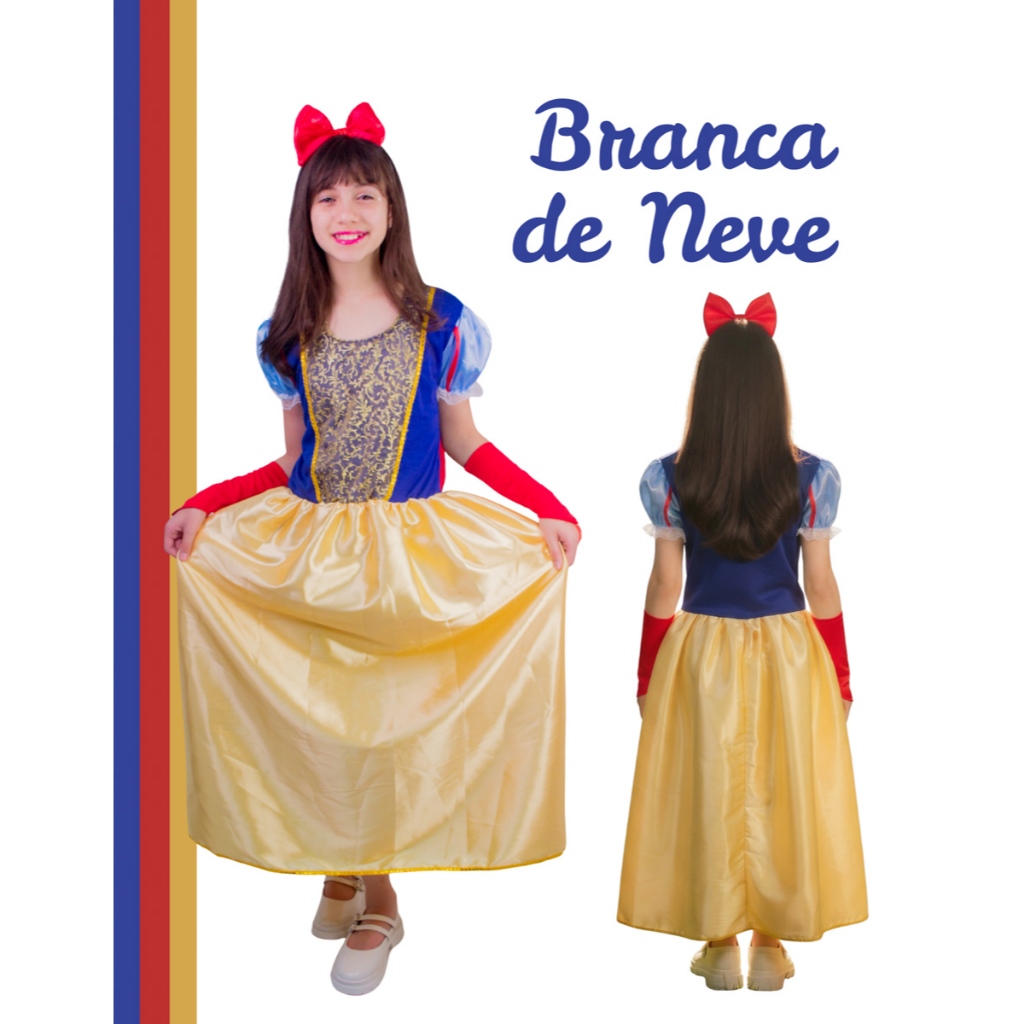 Vestido Longo Fantasia Princesa Branca de Neve Infantil Menina Tiara com Laço e Luva com Capa Luxo