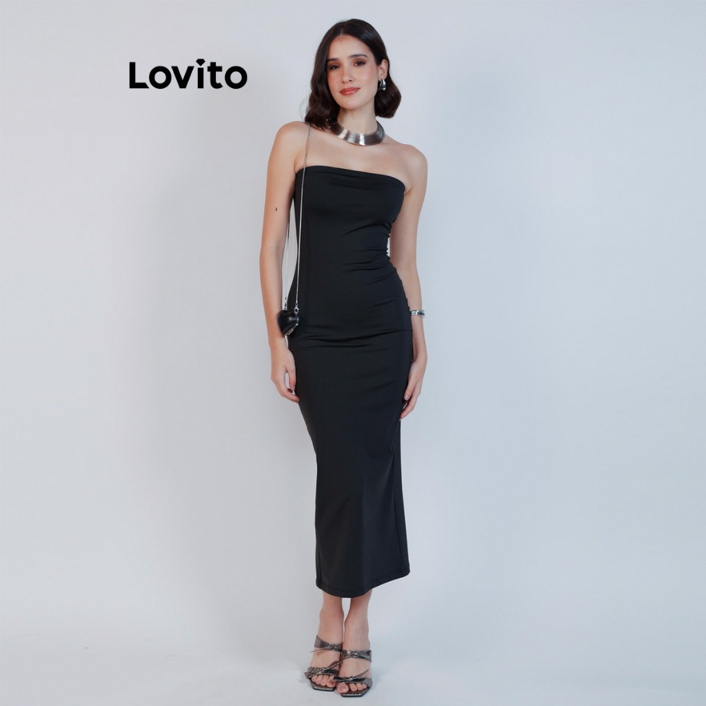 Lovito Vestido Sem Mangas Tubo Midi Fenda Traseira Basico Feminino DRB30ED009 em Oferta na Shopee