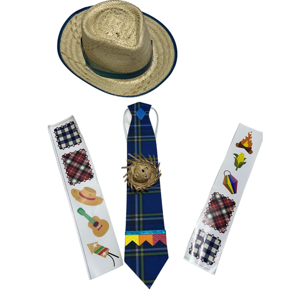 Kit Festa Junina Infantil Completo – Chapéu + Gravata + Adesivos Envio Já