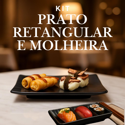 Kit Oriental com Prato Retangular e Molheira 3 divisórias para Sushi Melamina Preto Naha Hauskraft