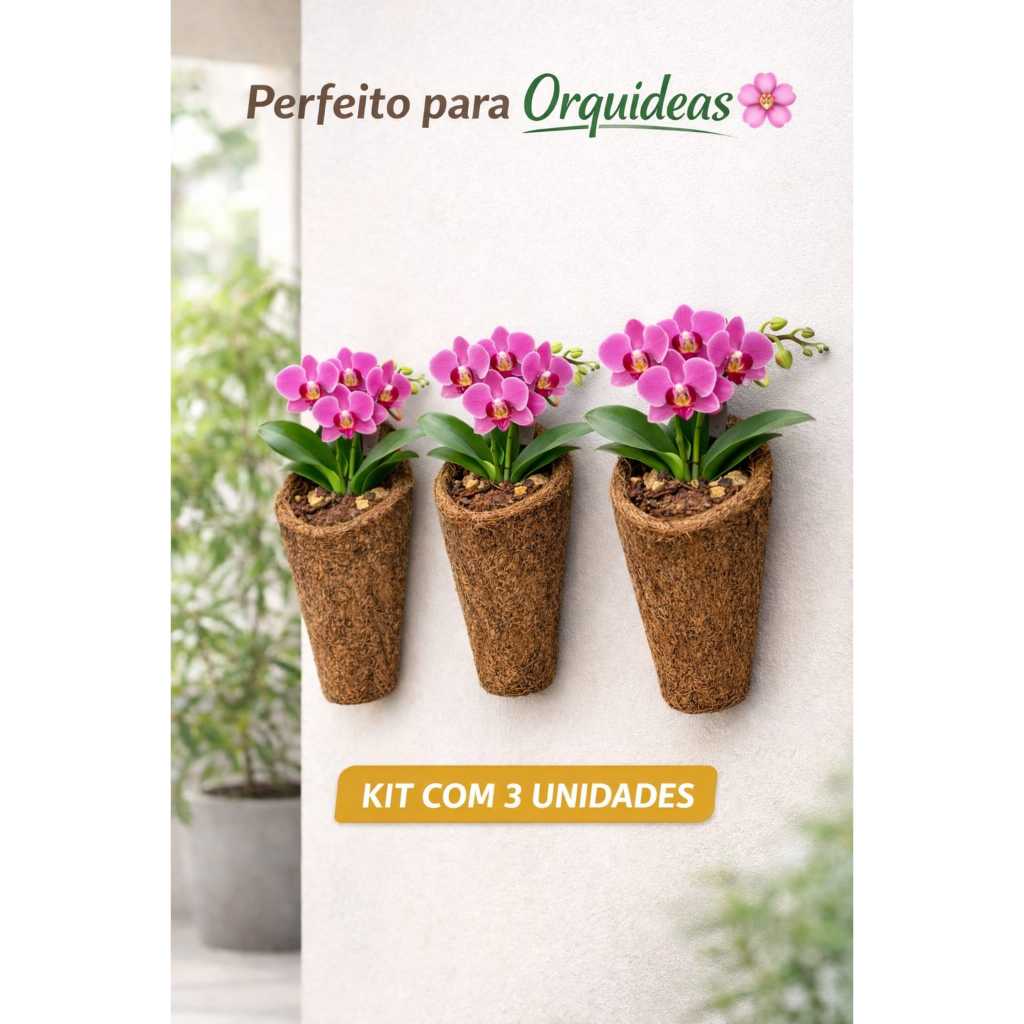 Kit 3 Vasos Fibra de Coco Orquídea Cone Concha M Cachepot Suspenso Jardim Decoração