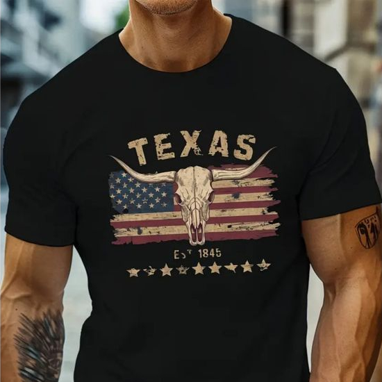 Camiseta Texas USA Vintage Caveira Longhorn Bandeira Americana Est 1845 Country Masculina