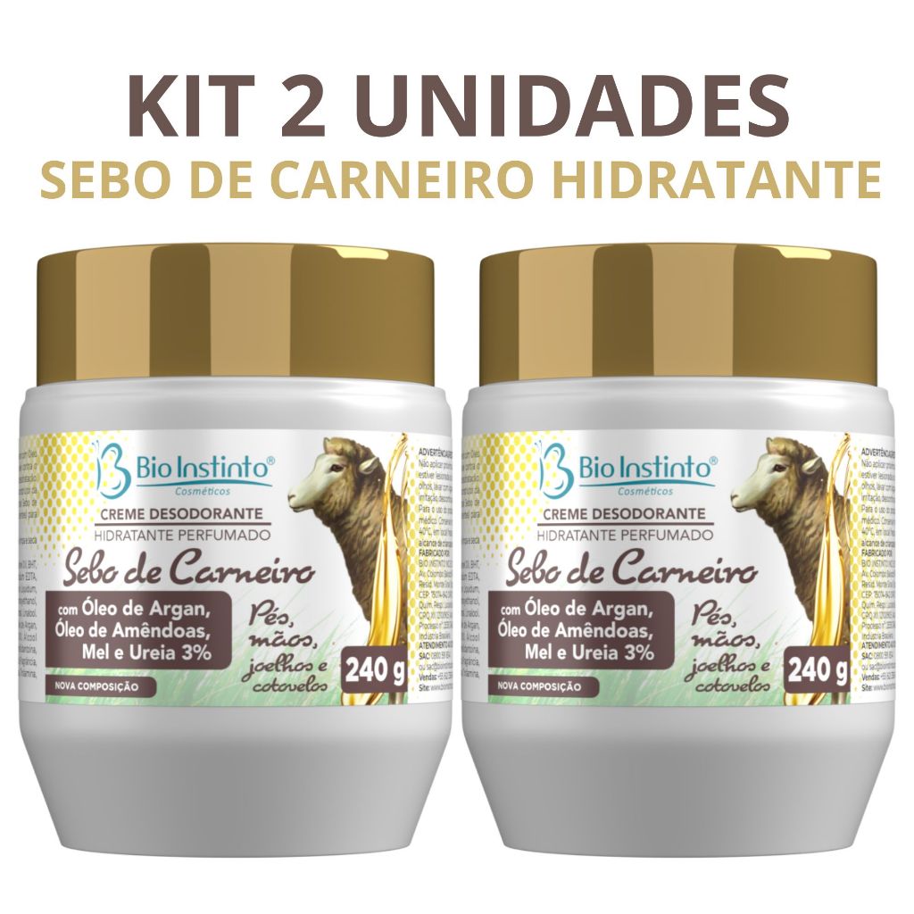 Kit 2 Creme Sebo de Carneiro Bio Instinto 240g Hidratante Pés e Mãos Pele Ressecada