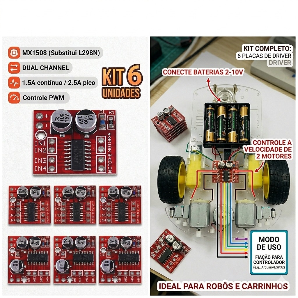 Kit 6 Peças Driver Motor DC MX1508 Mini L298N Ponte H Dupla 1.5A PWM Arduino Controle Velocidade