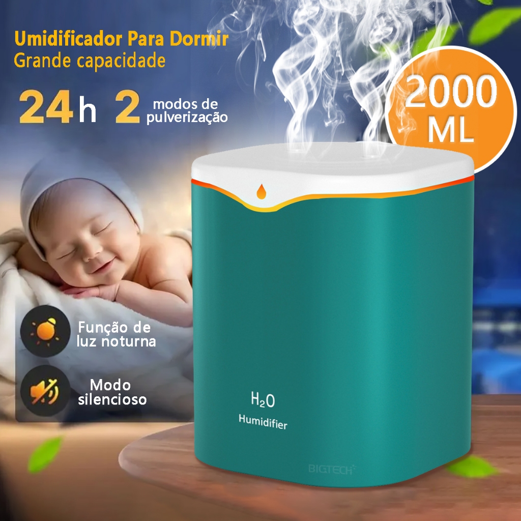 2 L Umidificador De Ar 3 Em 1 Com Aromatizador E Luz LED Dual Saída Para Quarto