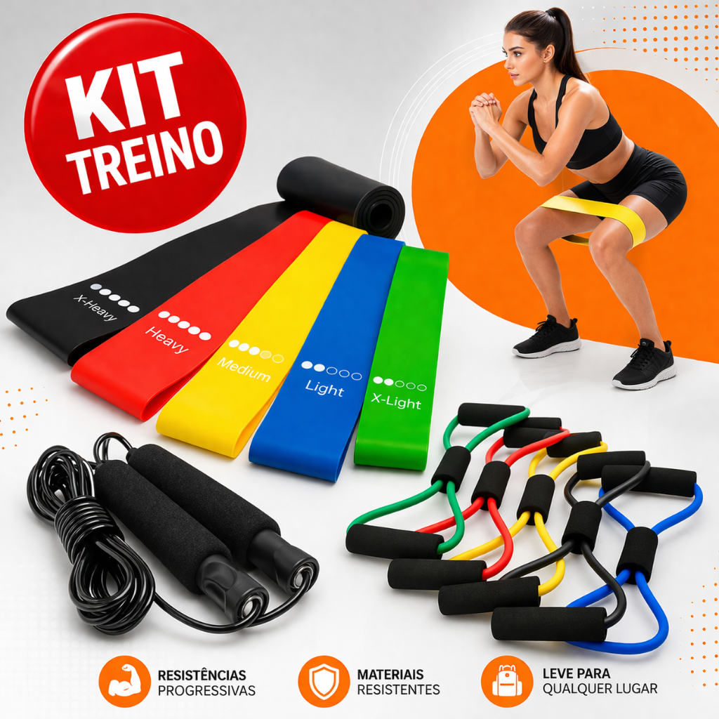 Kit de Treino Em Casa Completo Elástico Extensor Cross Tube + Kit com 5 Faixa + Corda de Pular Saúde