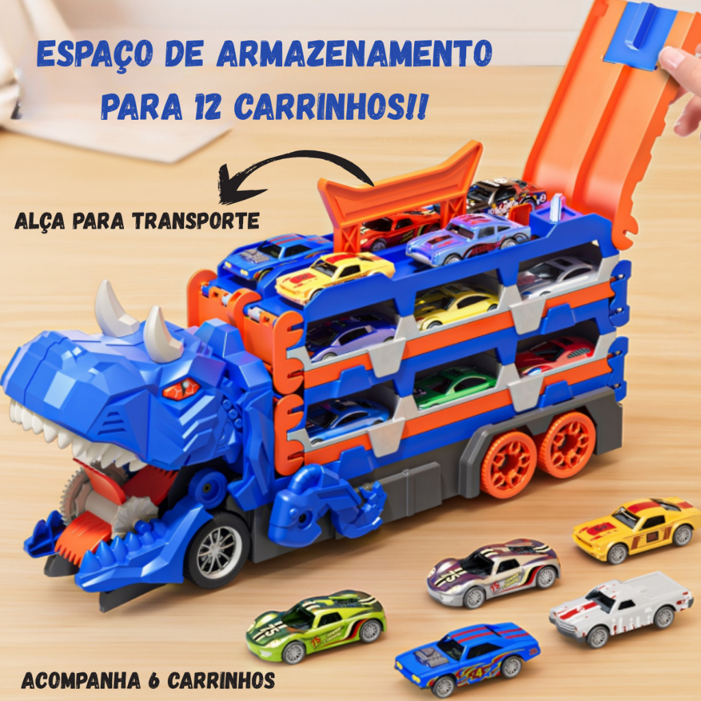 Caminhão Dinossauro Devorador Infantil Com Pista 3 Em 1 E 6 Carrinhos De Fricção Coloridos