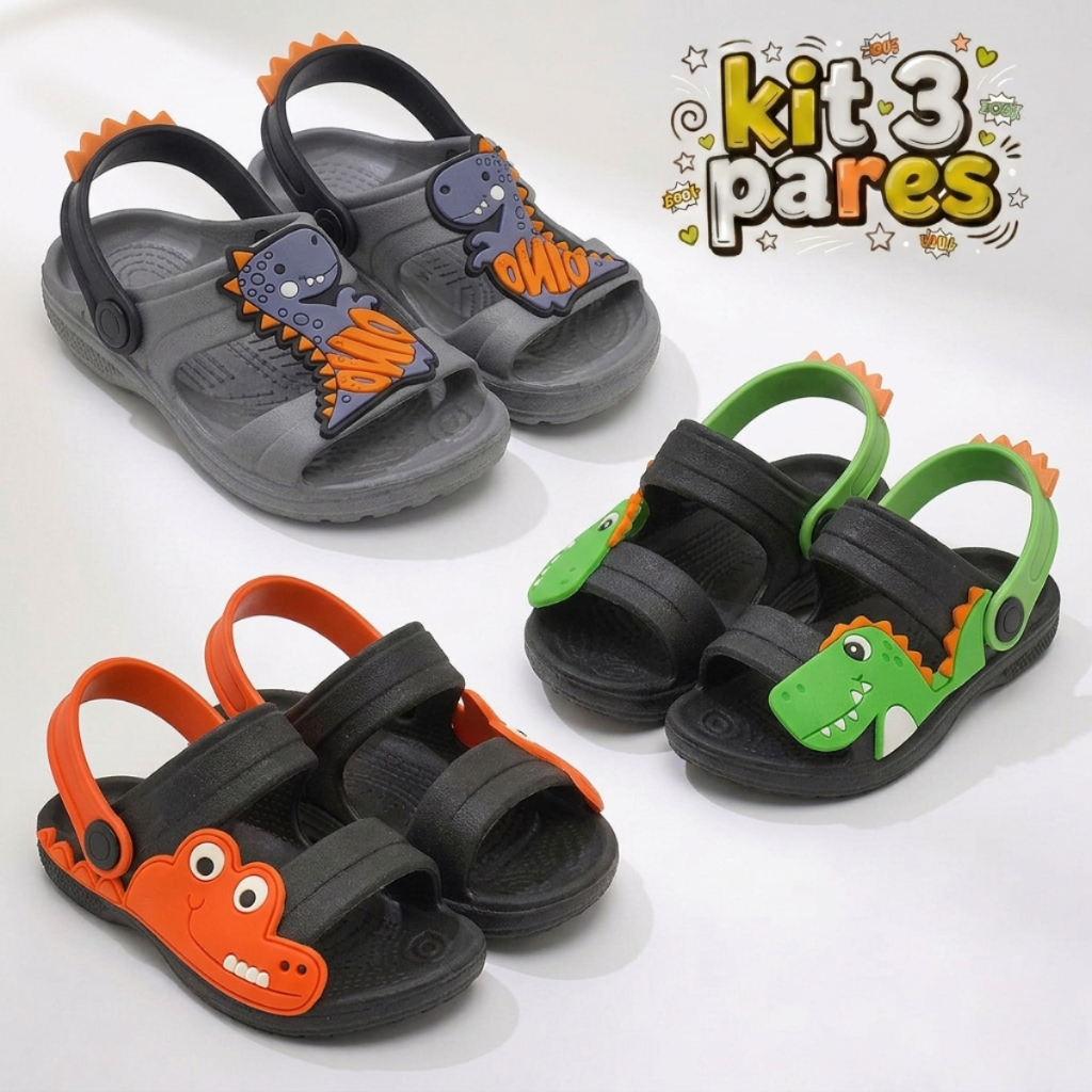 Kit 3 Papete Infantil Masculina Sandália Menino Confortável Infantil Volta As Aulas Casual