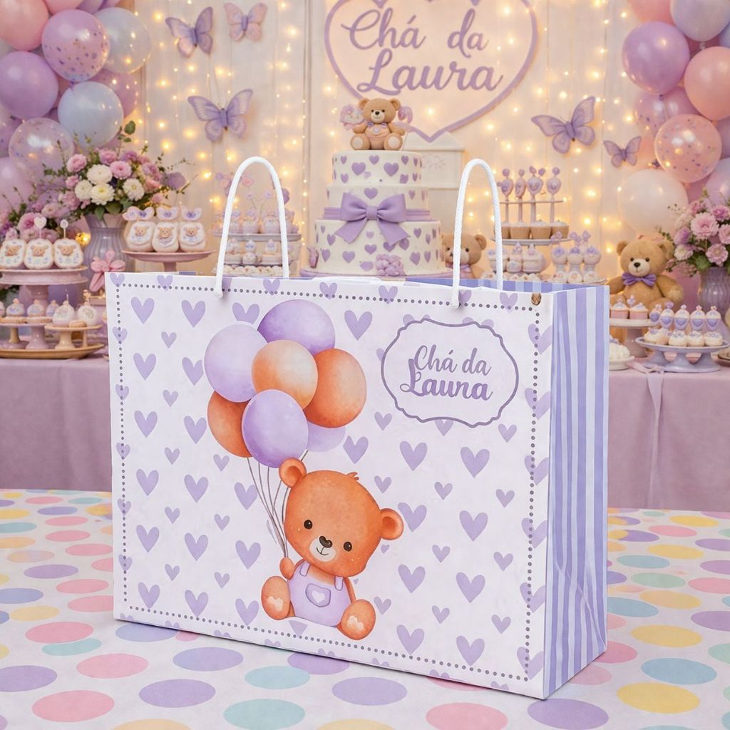 10 Sacolinhas Personalizadas Festa (G) Chá Revelação Ursinha Lilas (20x15x7,8cm)