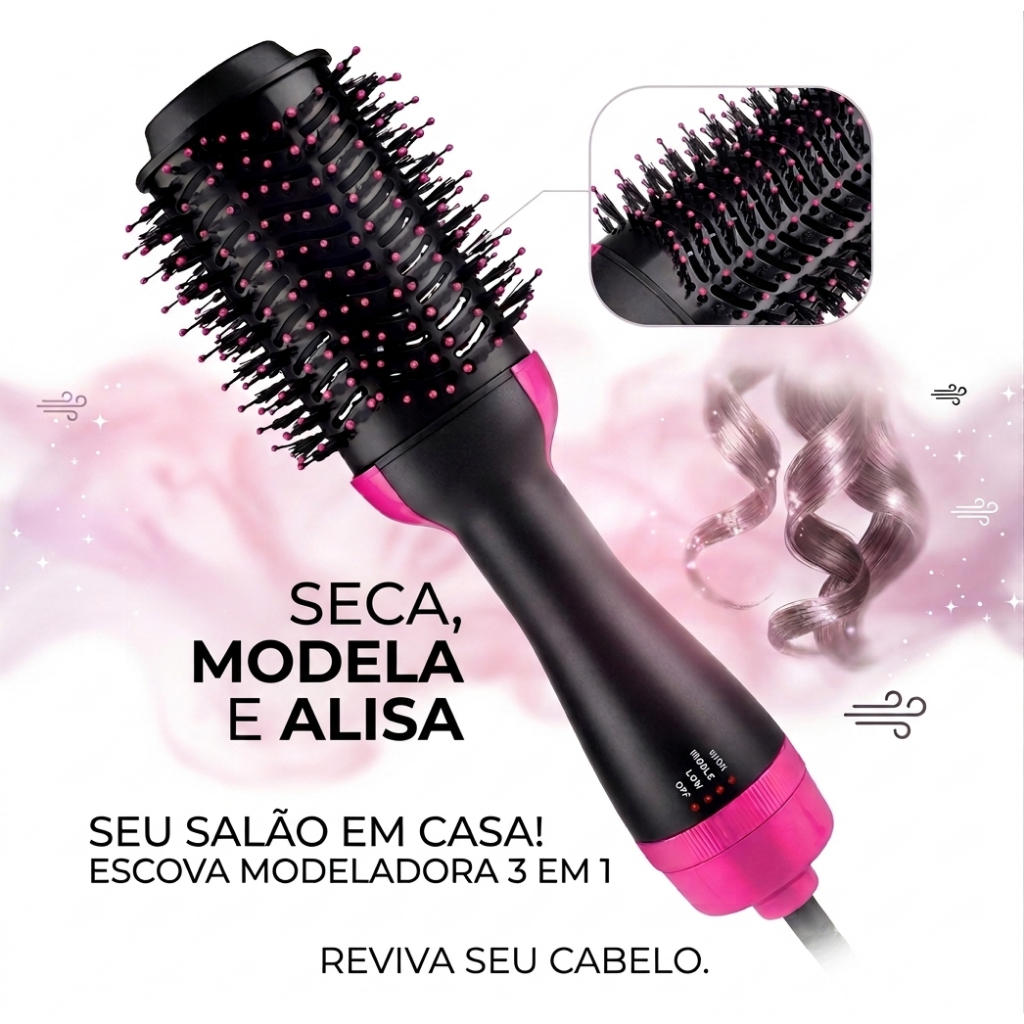 Escova Secadora Modeladora 3 Em 1 Alisa Seca Cabelo Profissional Prática Secagem Rápida 110V