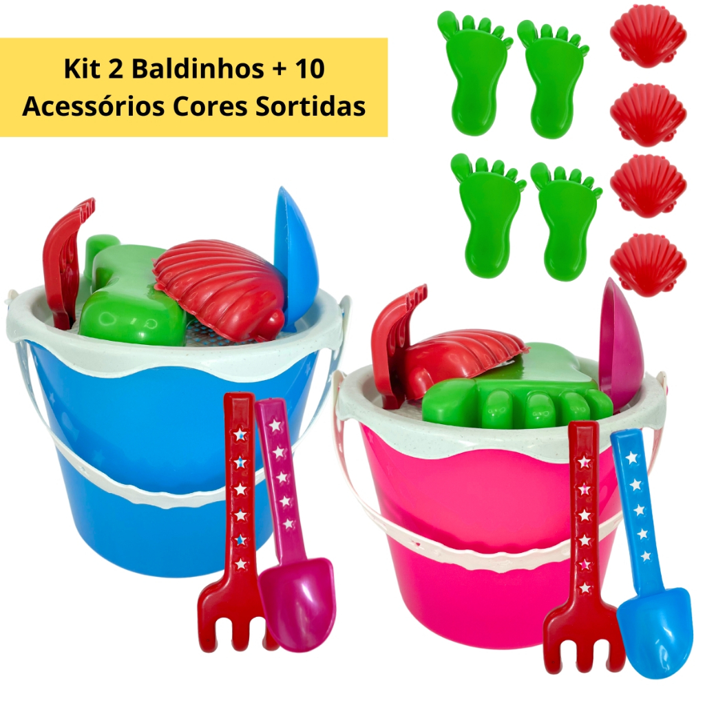 Kit 2 Baldes Castelinho de Areia Praia Piscina Infantil Brinquedo Baldinho de Praia + 10 Acessórios