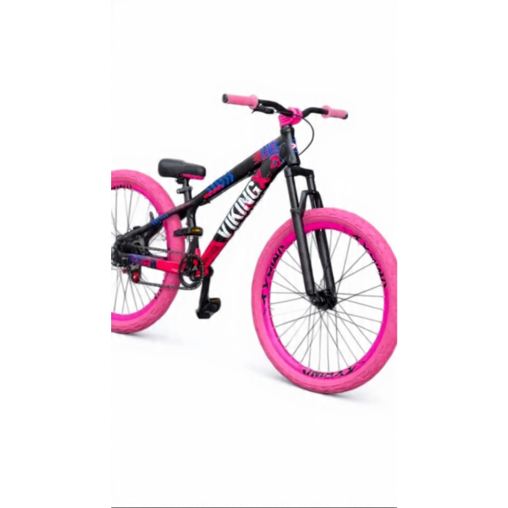 Bicicleta VikingX preto rosa tuff25 single Aro vmaxx rosa com pneu flame rosa PRO GRAU