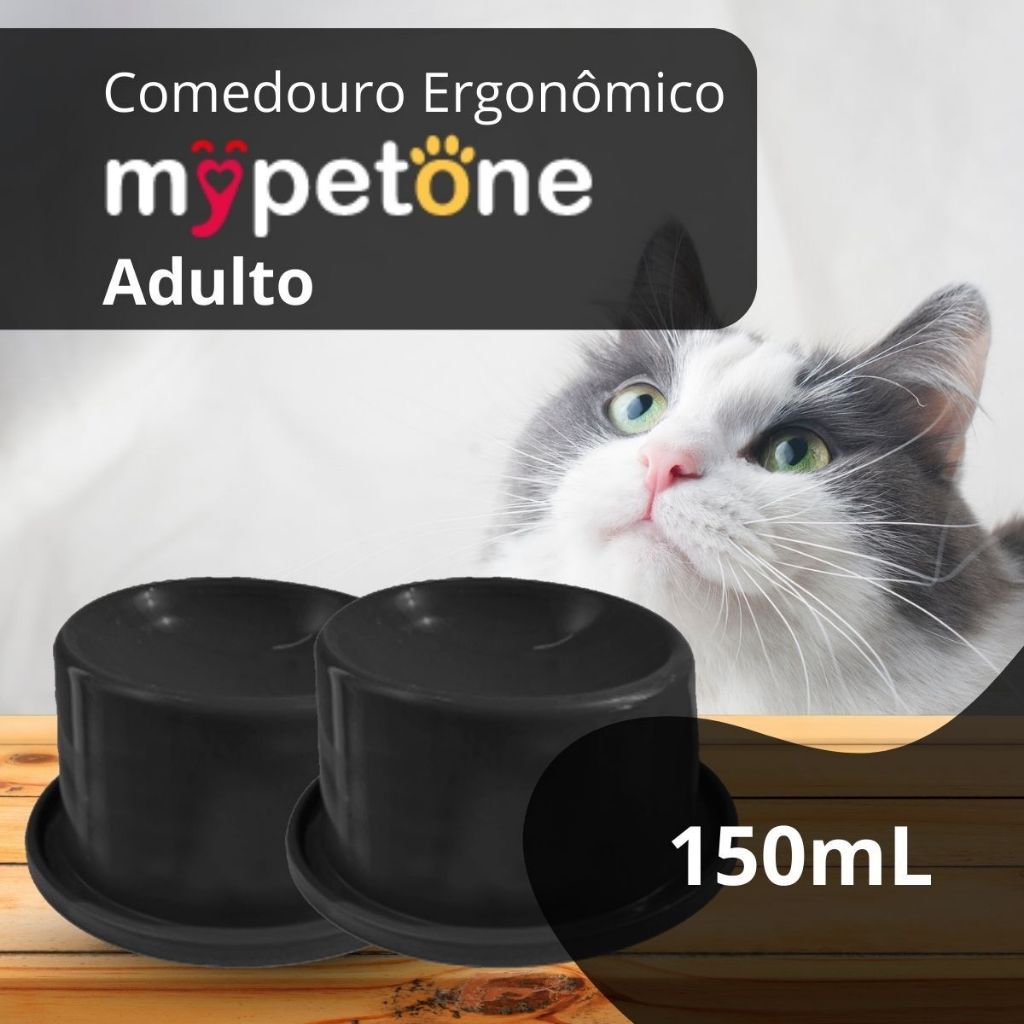 2 Comedouro Cão e Gato Ergonômico Alto 150ml Mypetone Preto  Adulto/Filhotes