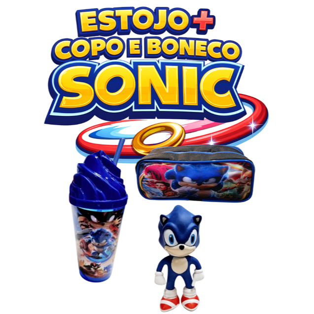KIT MATERIAL ESCOLAR ESTOJO INFANTIL COM 2 ZÍPERES + BONECO E COPO DO SONIC TAIL em Oferta na Shopee