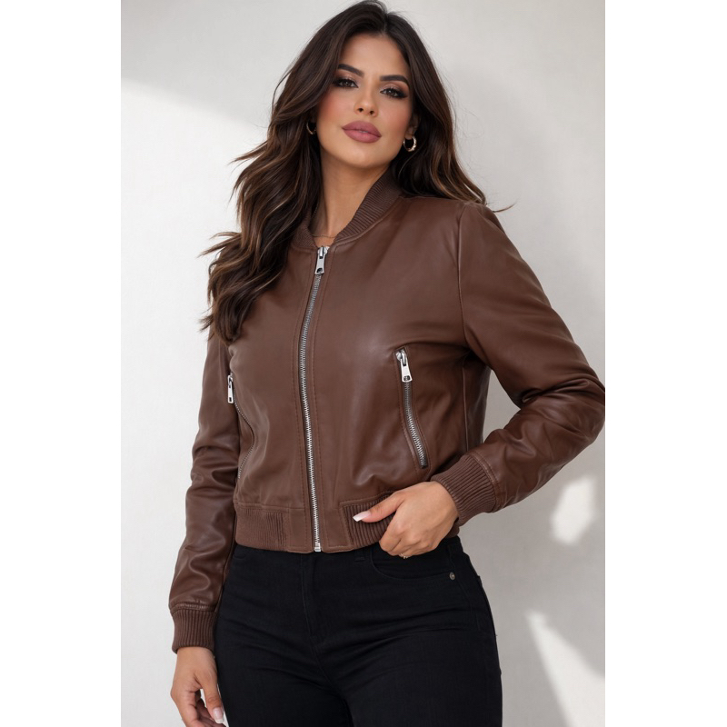 Jaqueta Feminina Couro Ecológico Bomber com Zíper e Bolso – Moderna e Elegante