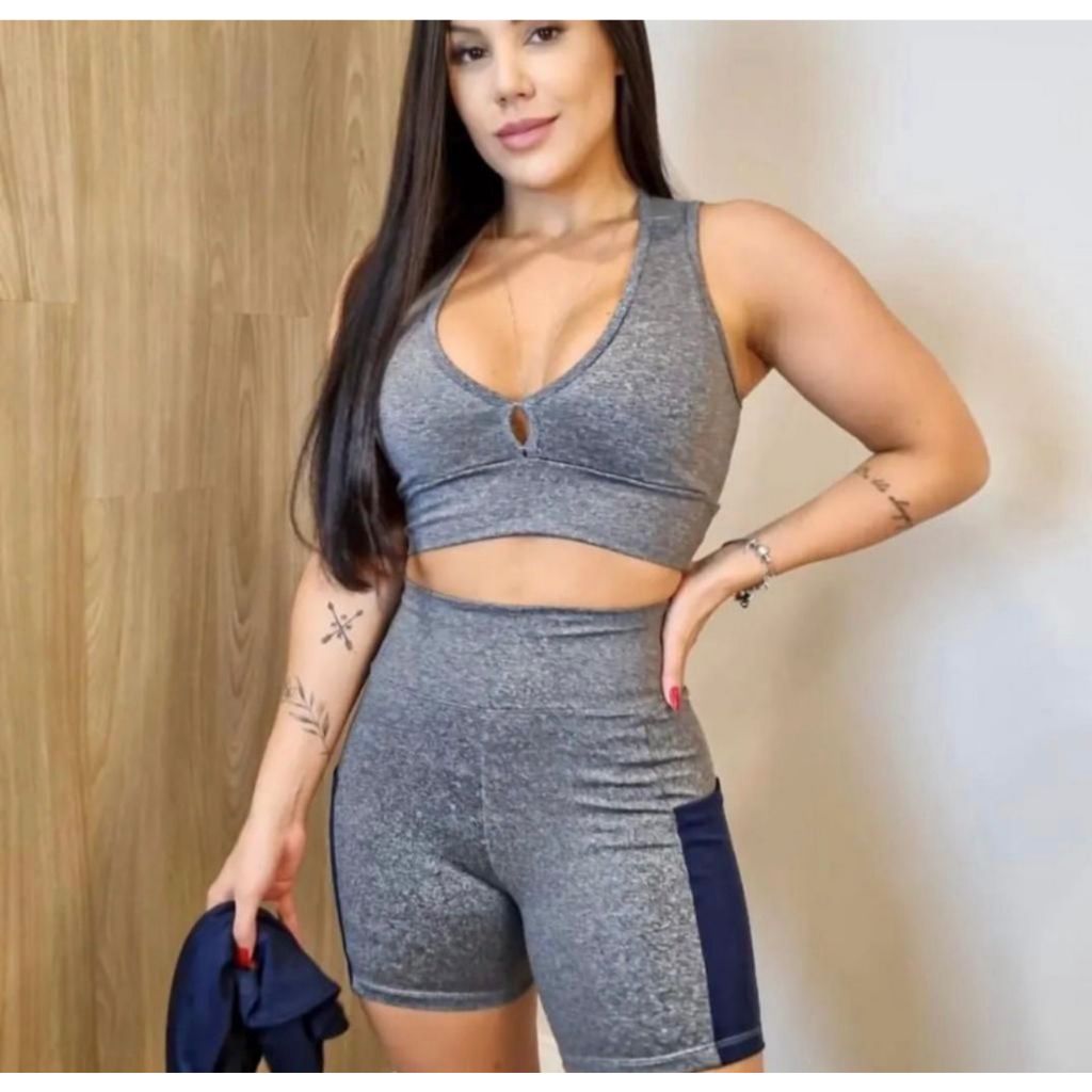 Conjunto Fitness Feminino Top + Bermuda Ciclista Com Bolso - Suplex Modelador Academia Treino