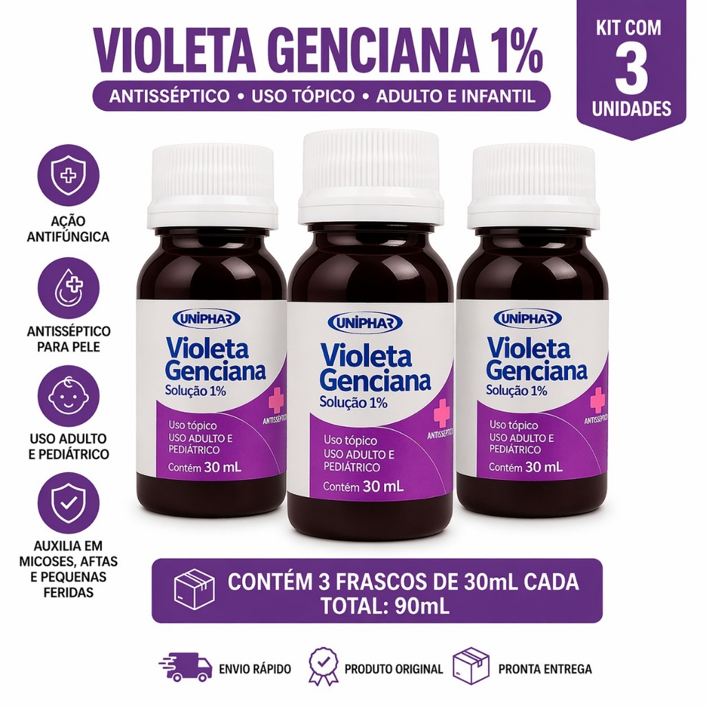 Violeta Genciana 1% 30ml Kit com 3 Antisséptico Uso Tópico Adulto e Infantil