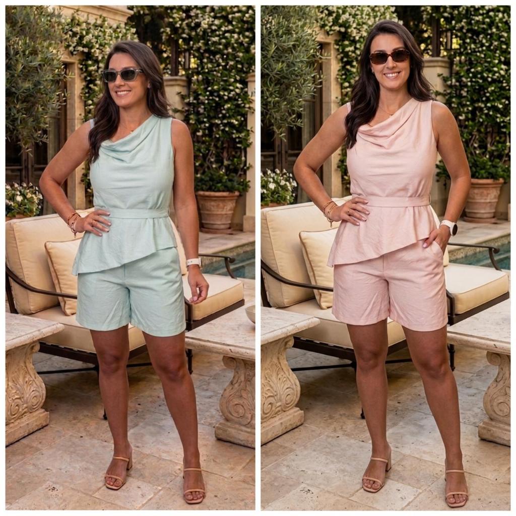 Conjunto Feminino Alfaiataria Blusa Assimétrica e Short com bolso Elegante Confortável Social Trabalho Passeio Verão
