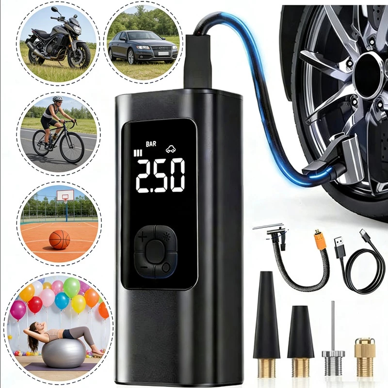 Compressor de Ar Portátil 12V Bomba Elétrica para Pneus de Carro, Moto e Bicicleta -M6