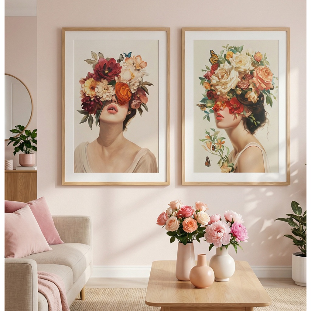 Quadro De Flores Feminino Dupla De Quadros Decorativos Quadro Com Moldura E Vidr
