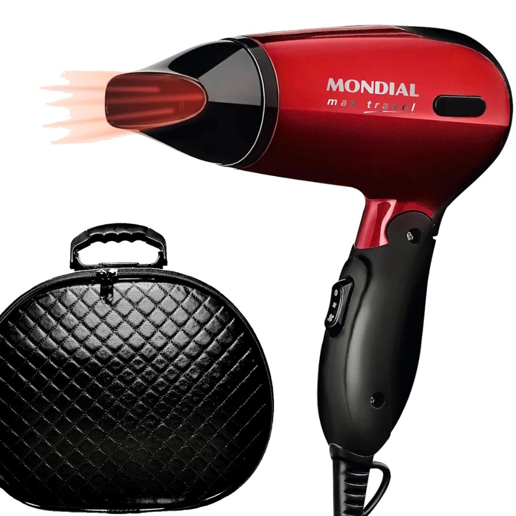 Secador De Cabelo Mondial Mini Dobrável Viagem Hotel Academia 1200w Bivolt Com Maleta