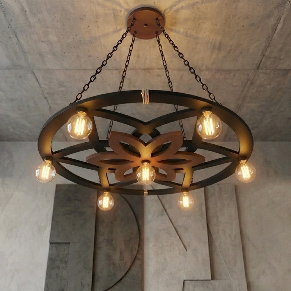 Imagem Luminária Pendente Lustre Rustico Rustica Madeira Roda Flor Mandala Decoração Corda Sisal Estilo Zen