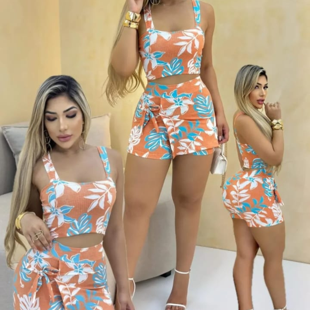 Conjunto Feminino Cropped E Short Saia Canelado Confortável E Versatil