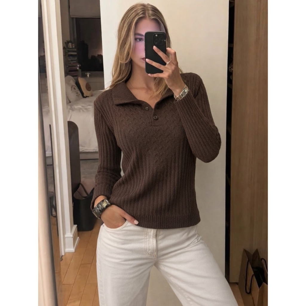 Blusa De Frio Feminina Tricot Inverno Manga Longa Canelada Gola Polo Botões Mousse Tranças