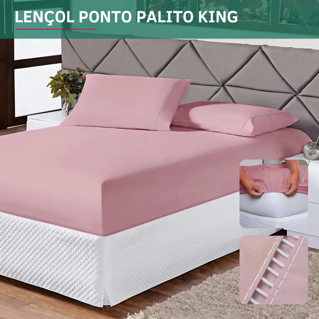 Lençol King 3 Peças Premium Fronha Ponto Palito Percal 40 Rose Liso